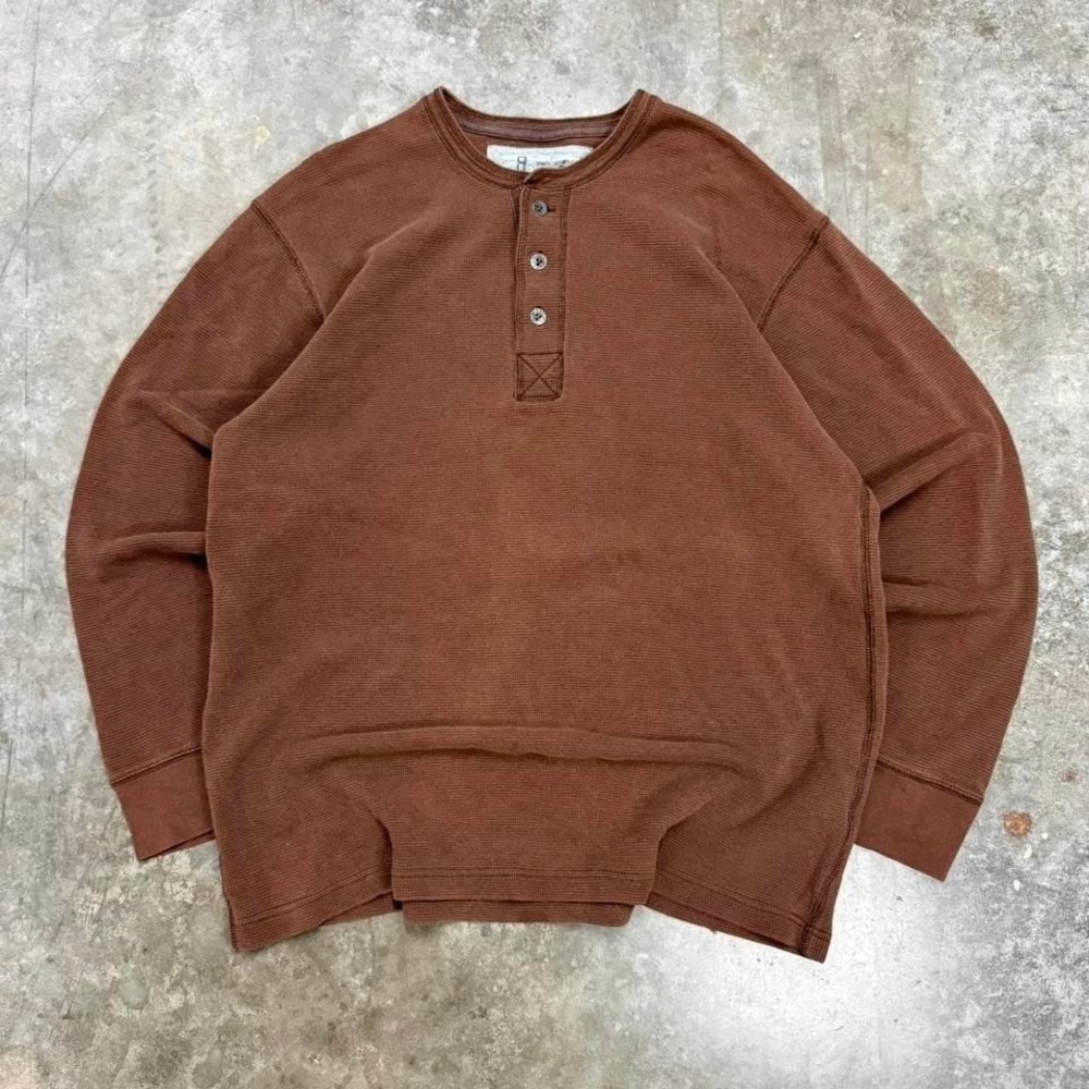Vintage Y2K Old Navy Brown Waffle Knit Thermal Henley Size XL